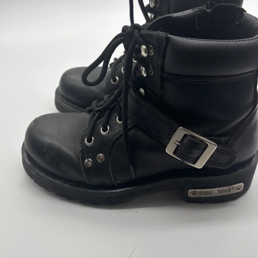 Ride Tecs Mens Black Leather Motorcycle Boots Lace Up Side Zip Lug Sole size 6